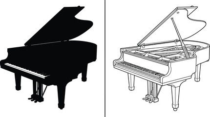 Grand Piano with a Black Silhouette and a Detailed Line Art Illustration Set on a White Background © Md