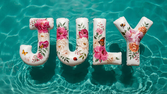 Hello July!. Top-Down Shot of "JULY" Inflatable Letters with Floral Prints in Turquoise Pool Water. Summer vacation, travel, tourism concept. 