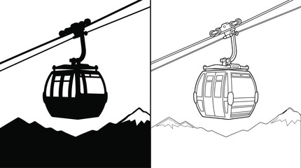 Gondola Lift Icon with Mountain Landscape in a Minimalist Flat Vector Style for Transportation or Travel. © Md