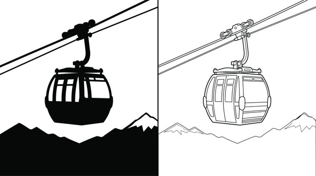 Gondola Lift Icon with Mountain Landscape in a Minimalist Flat Vector Style for Transportation or Travel.