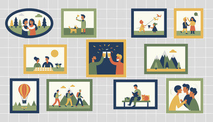 Fototapeta premium Collage of different lifestyle scenes featuring people engaging in travel, romantic dates, social drinking, and outdoor activities.