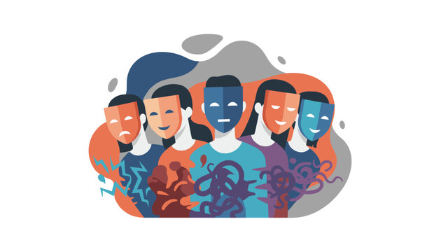 Group of people wearing different colored masks representing various emotions and personality traits in a metaphorical illustration.