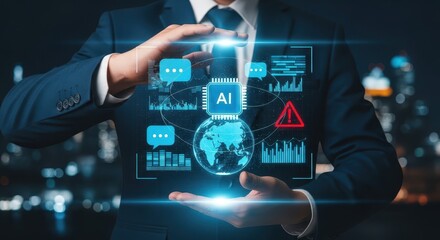 Obraz premium Businessman Holding Futuristic Artificial Intelligence Interface with Global Data and Digital Security Icons