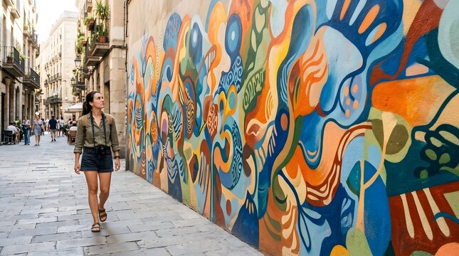 A woman strolls along a narrow city street beside a vibrant mural. Others walk in the background, enjoying the daytime atmosphere of the area