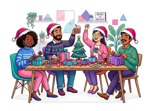 Friends Celebrating Christmas Together, Toasting Drinks and Opening Gifts
