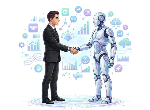 Man Shaking Hands with Robot, Futuristic Technology Concept