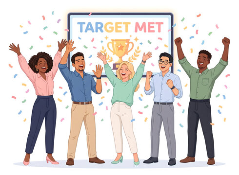 Diverse Team Celebrating Target Met Achievement with Confetti