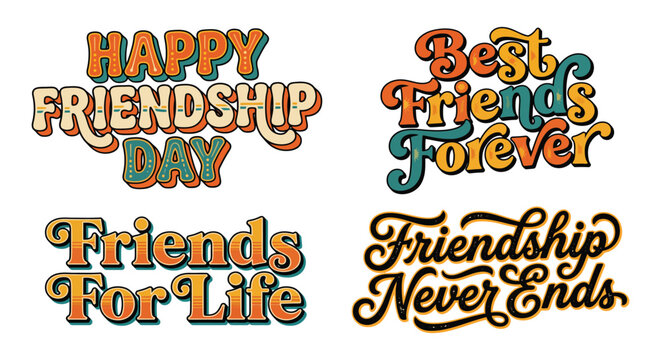Friendship day typography designs retro vector illustrations on white background