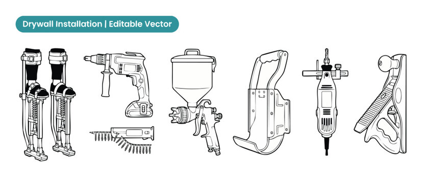 Drywall installation tools vector set featuring stilts, screw gun, texture hopper gun, board lifter, rotary cutout tool, and rasp icons for plasterboard construction, home renovations, repairs design.