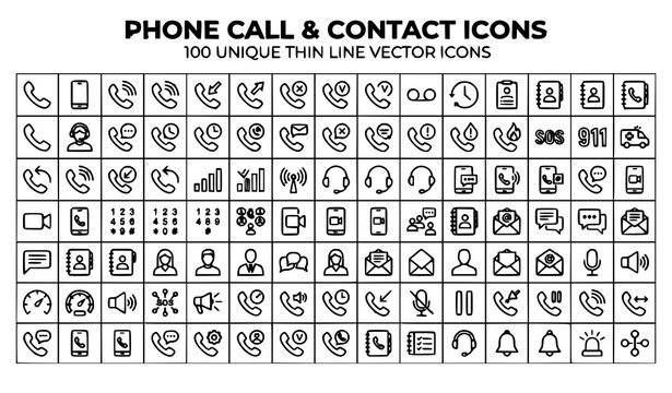 Phone Call Thin Line Icon Set with Telephone Contact Ringing Smartphone and Communication Vector Collection