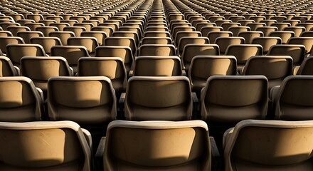 Naklejka premium Empty stadium seats at dusk with dramatic golden lighting for sports events