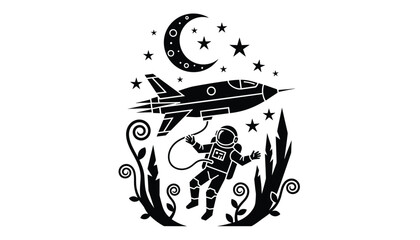 Naklejka premium Astronaut floating in space connected to a rocket with the crescent moon and stars in the background in a minimalist black-white art.