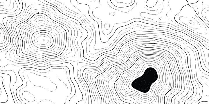 Black and white topographic map lines showing hills and valleys with a central dark lake