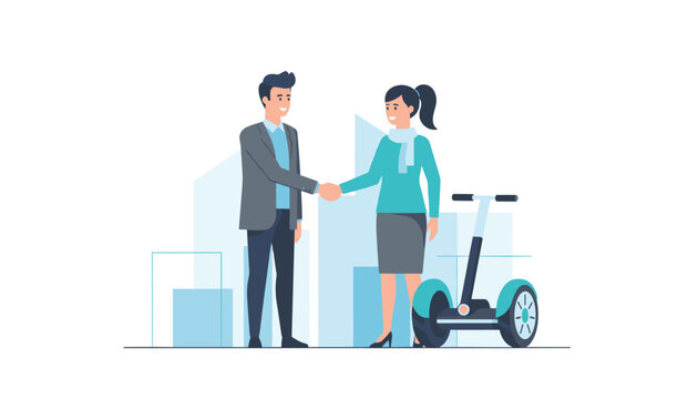 Business professional man and a businesswoman shaking hands in a modern office with a Segway scooter parked next to them.