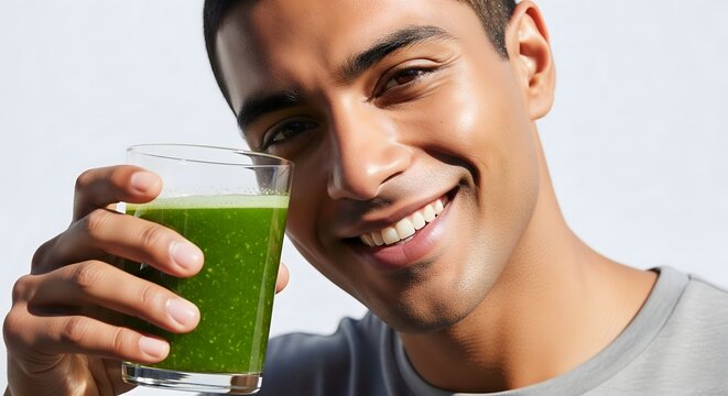 Healthy man holding a glass of fresh green vegetable juice for wellness
