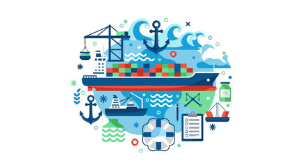 Fototapeta premium Global Logistics and Maritime Shipping Illustration with Container Ship, Port Icons, and World Map Concept for International Trade and Supply Chain Management