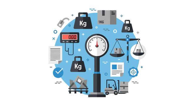 Logistics and Warehouse Weighing Equipment Icons Set with Scales, Weights, Forklift, and Shipping Boxes Illustration