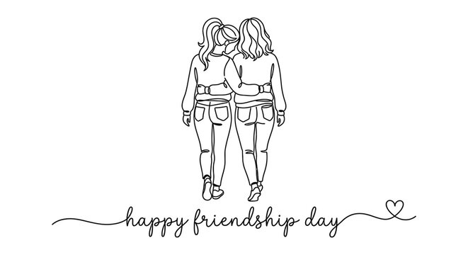 Two women walking away line art illustration on white background