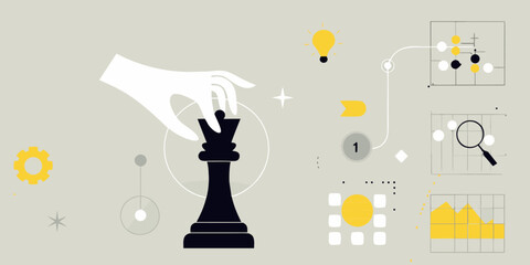 Hand Moving Chess Piece Flat Vector Illustration With Business Elements © Savankar