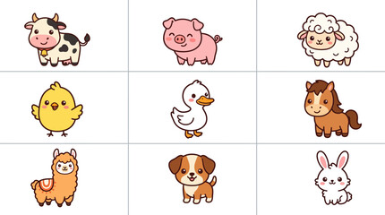 Obraz premium Set of Cute Cartoon Farm Animals Collection.