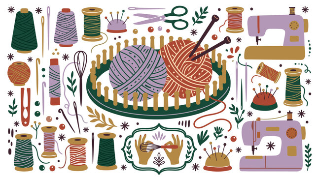 Sewing and knitting concept icons with yarn, knitting needles and sewing machines for crafting projects in detailed colorful illustration style