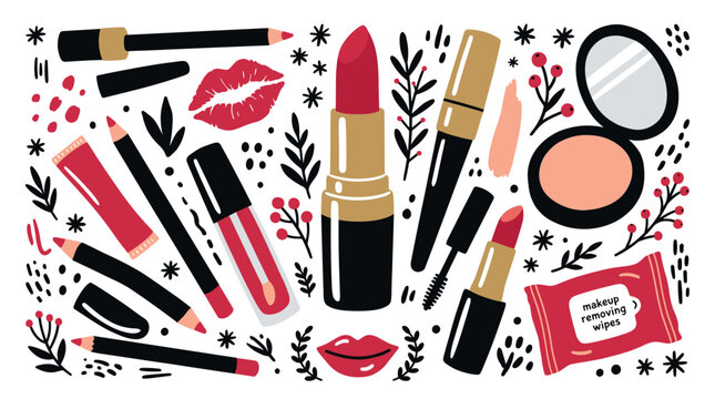 Beauty and makeup vector icons with lipstick, mascara and makeup removing wipes for branding design in colorful illustration