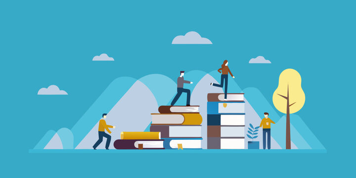 People Climbing Stacks Of Books Flat Vector Illustration