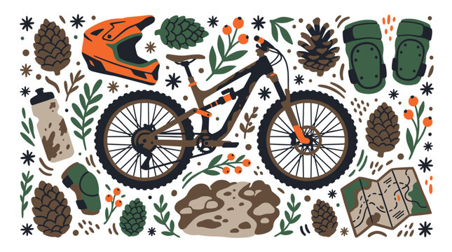 Outdoor and mountain biking concept icons with helmet, bike and map for mobile app design in colorful vector art