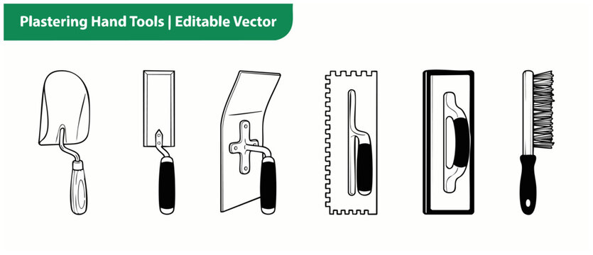 Plastering trowel hand tools vector icon set template for masonry construction and concrete plastering work, featuring outline illustrations of floats, bricklaying trowels, a notched spatula, brushes