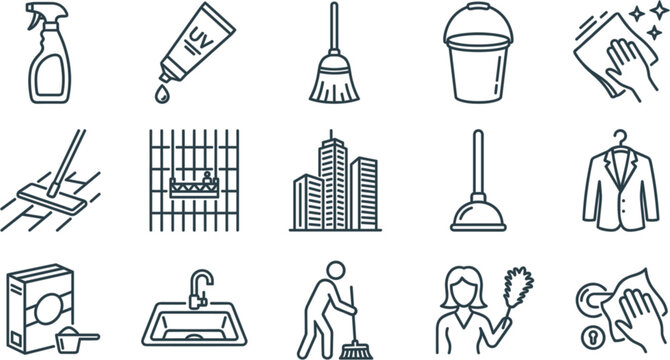 Cleaning service and commercial janitorial line icon set featuring spray bottle broom bucket squeegee skyscraper window wash plunger sink maid and laundry vector illustration