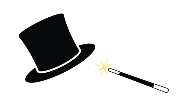 Black silhouette of a tall magician top hat and a magic wand emitting sparkling light, representing mystery and illusion.