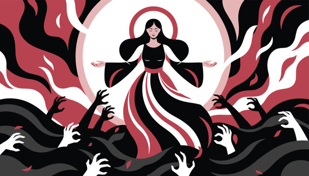 Ethereal goddess-like figure standing in a glowing circle with dark shadowy hands reaching out from the background mist.