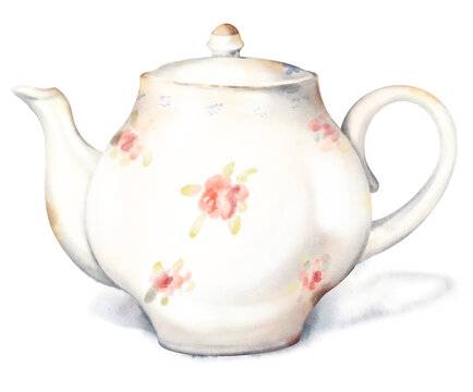 Delicate watercolor hand drawn illustration of a vintage white teapot with floral grandma's roses, soft shadow, isolated on white background. Clean simple light toned cottage core illustration