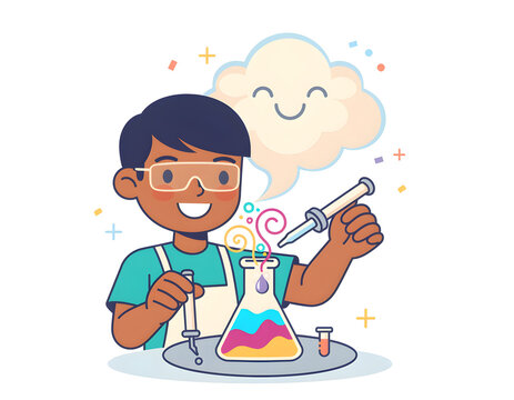 Cute Kid Scientist Conducting Fun Chemistry Experiment Vector Illustration