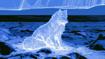 Obraz premium A glowing white arctic fox sits quietly on frozen tundra under a vibrant aurora above the dark landscape.