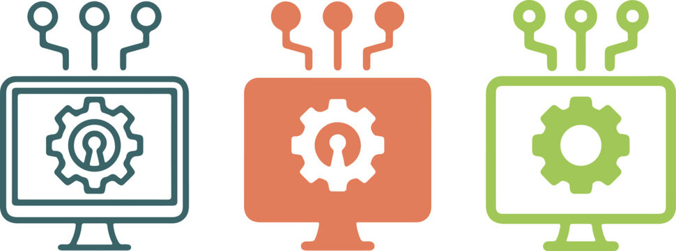 Set of digital monitor icons with gear and circuit nodes, cyber security and system maintenance symbols, vector illustrations, isolated on white