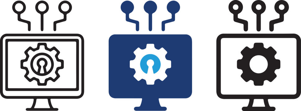 Set of digital technology icons, computer monitor with gear and keyhole, cyber security and system admin, vector illustrations, isolated on white