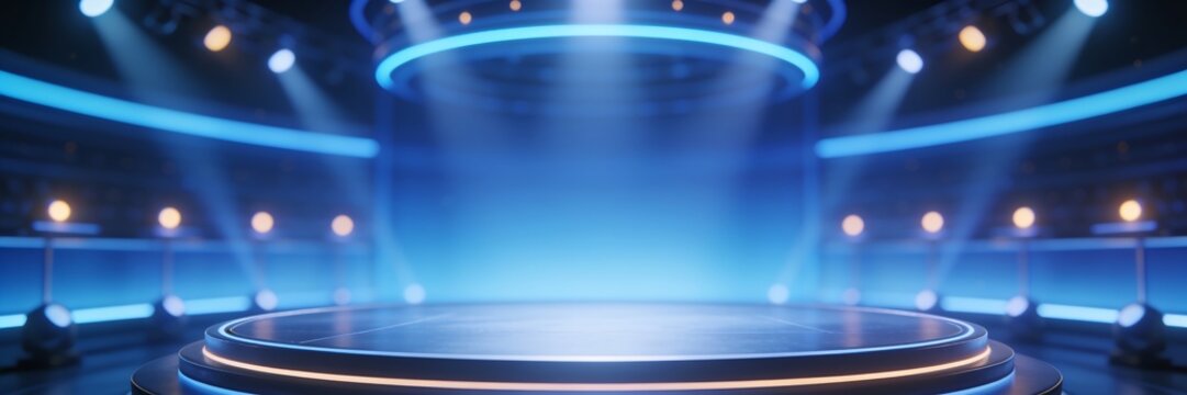 TV quiz show studio, game show stage lights, dim neon lights, soft spotlights, empty stage, blue background.