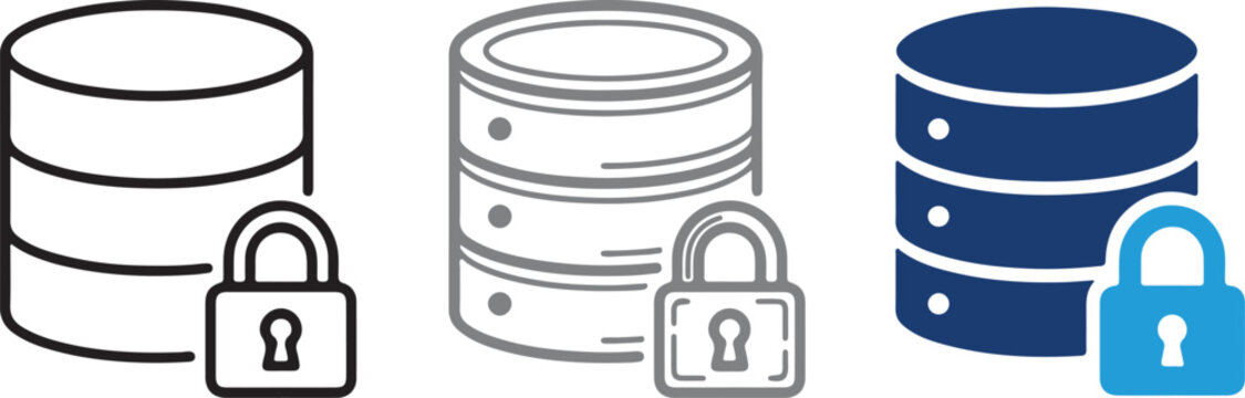 Secure database storage icon set, protected server data concept, digital privacy lock sign, flat vector illustration on transparent background design.