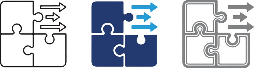 Jigsaw puzzle piece solution icon set, business strategy assembly concept, growth arrows direction sign, hand made vector illustration, transparent. © MDLovely