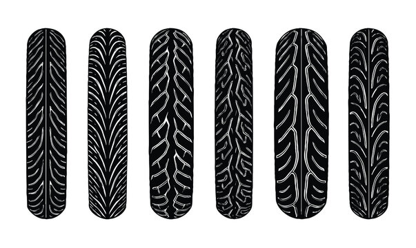Vector motorcycle tire tread patterns collection, sport bike rubber tyres set isolated on white background.