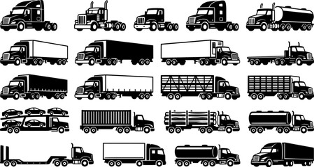 Obraz premium Black Semi Truck and Freight Trailer Icon Set with Cargo Transport Vehicles Isolated on White Background