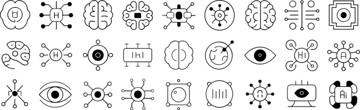 Collection of conceptual line art icons representing artificial intelligence technology and brain functions