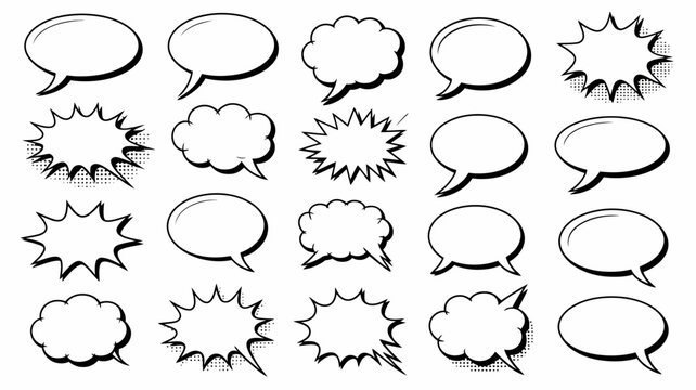 Collection of comic book style speech bubbles and thought balloons with halftone dot patterns, isolated on a white background, for communication and messaging