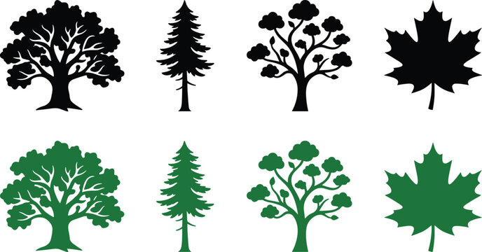 Set of handdrawn green and black trees including oak, maple, pine, and maple leaf illustrations