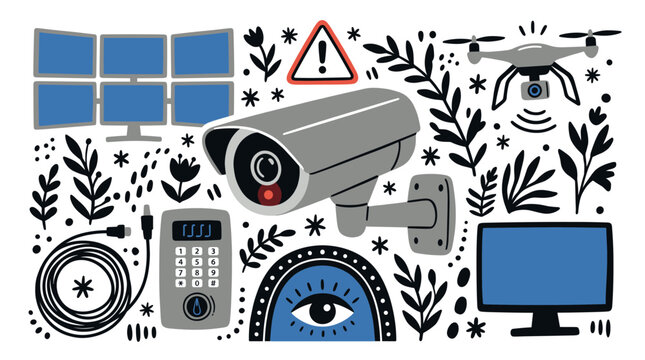 Surveillance and security concept icons with camera, drone and monitor for web dashboard design