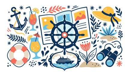 Obraz premium nautical and summer vector icons with anchor, ship wheel and cocktail glass for infographic design in colorful illustration