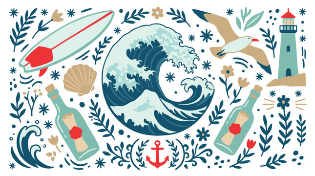 Nautical and sea vector icons with wave, lighthouse and surfboard for branding design in hand drawn illustration