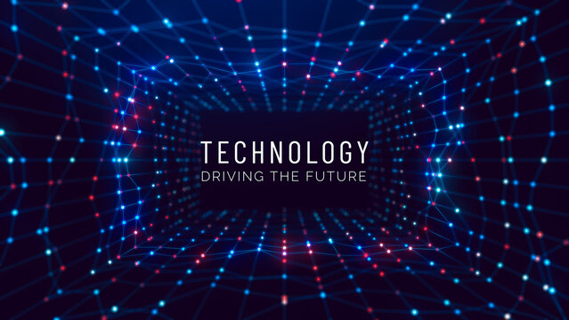 Futuristic rectangular network tunnel featuring the text Technology Driving The Future, illuminated by glowing blue, violet and red nodes with cinematic depth of field.