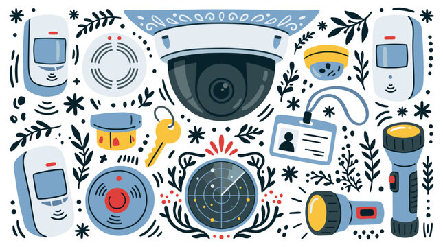 Security and surveillance design icons with camera, key and badge for web design in colorful vector art